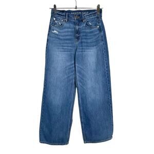 American Eagle Skater Jeans Women’s 0 Short 25x27 Blue Distressed Wide Leg Baggy